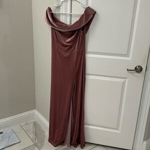 Blush pink formal long off the shoulder evening gown
